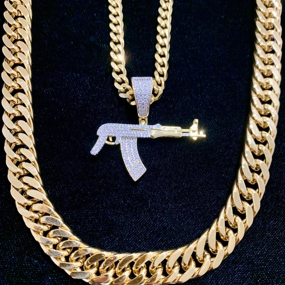 NEW 18K GOLD CUBAN LINK CHAIN AK 47 CHARM LAB DIAMONDS ITALY *LIFETIME WARRANTY*